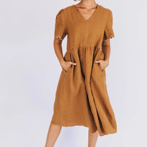 Piper & Scoot burnt orange midi dress with scalloped flutter sleeves - Picture 3 of 7